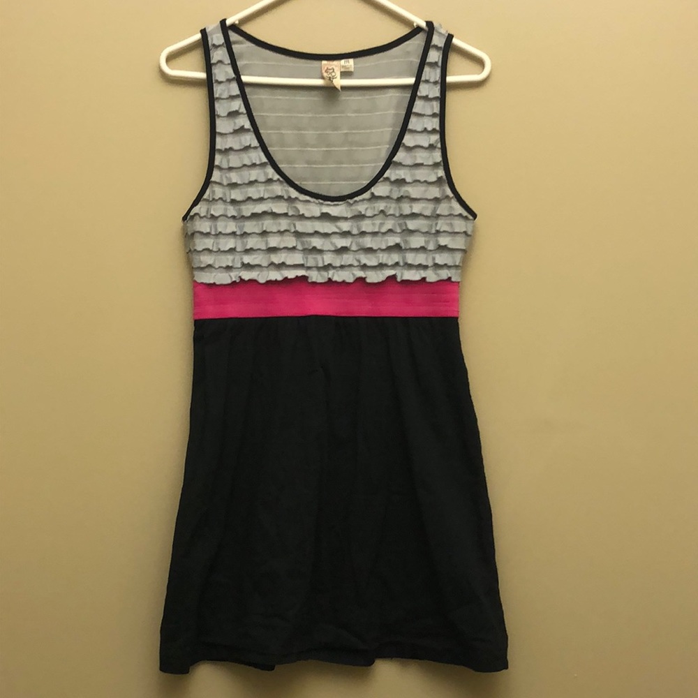 L8ter grey ruffle pink stripe mini skater dress